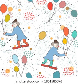 Hand Drawn Seamless Pattern with clown and balloons.Great for wedding cards, postcards, t-shirts, bridal invitations, brochures, posters, gift wrapping, wall art, wallpapers, etc. Illustration. - Powered by Shutterstock