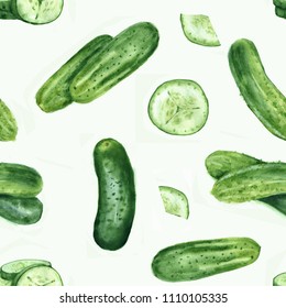 Hand drawn seamless pattern with different watercolor cucumber