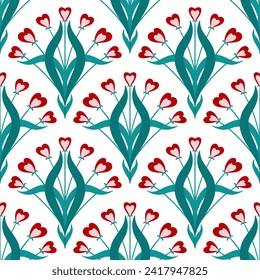 Hand drawn seamless pattern in flower floral st Valentine day style. Elegant colorful love retro vintage design, victorian fabric print, red hearts white emerald green leaves lines. Stockillustration