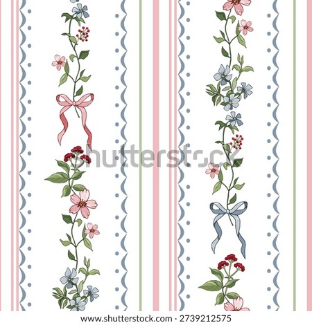 Hand drawn seamless pattern with flowers. stripe pattern.retro fabric design.vintage stile