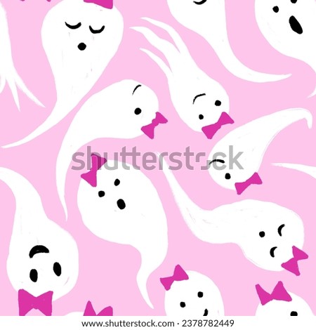 Hand drawn seamless pattern with Halloween ghosts cute pink background. Cute funny fall autumn print, scary creery horror spooky illsutration monster party decor.