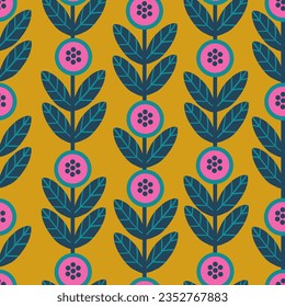 Hand drawn seamless pattern with pink blue scandi scandinavian flowers on yellow background. Retro vintage mid century modern floral print, teal sunflower nordic art, hot shocking pink fuchsia color