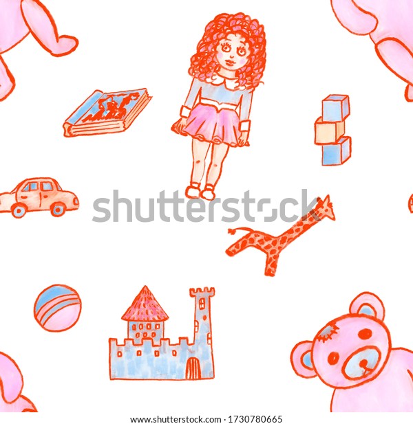 A hand drawn seamless pattern with toy bear,\
doll, car, castle, ball and\
book