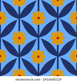Hand drawn seamless pattern with yellow scandi scandinavian flowers navy leaves on blue background. Retro vintage mid century modern floral print, teal sunflower nordic art, simple geometric