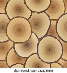 Hand Drawn Seamless Wood Pattern. Tree Rings Print. Natural Browns. Concept Of Saw Cut Pine, Forest Fir-tree Trunk,  Sawmill Background, Cross Section Of Tree, Wooden Texture Illustration.