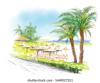 Hand drawn seaside landscape  Tropical resort  sand beach  exotic palm trees   sea ocean horizon  Colorful illustration 