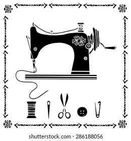 Hand drawn set black silhouettes sewing machine, thread, needle, scissors, button, safety pin, icons, frame with  flowers and arrows isolated on white background. Logo design elements