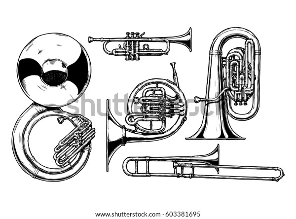 金管楽器の手描きのセット スーサフォン トランペット フレンチホーン ツバ トロンボーン のイラスト素材