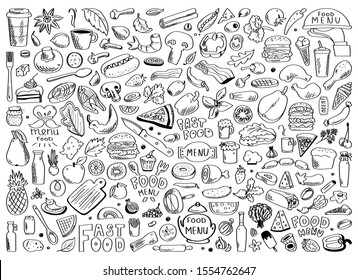 Hand Drawn Set Of Healthy Food Ingredient Doodles With Lettering In