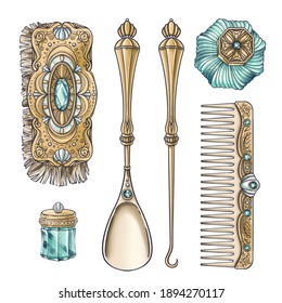 Hand drawn set of illustrations of vintage jewelry brush, crystal box, antique comb, shoehorn, button hook for illustration, book, postcard, identity, poster, decoration in Marie Antoinette style