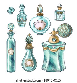 Hand drawn set of illustrations of vintage jewelry jar, crystal perfume bottles, spray, bead for illustration, book, postcard, identity, poster, decoration in Marie Antoinette style