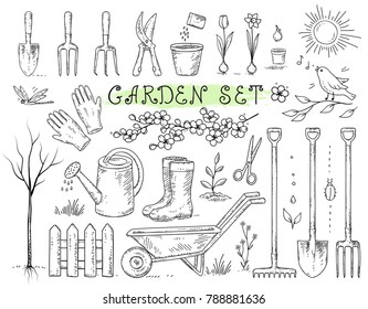 Hand Drawn Set Of Isolated Garden Tools On White Background