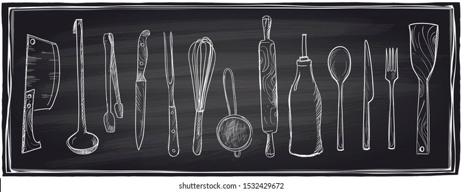 Hand Drawn Set Of Kitchen Utensils On A Chalkboard Background, Rasterized Version