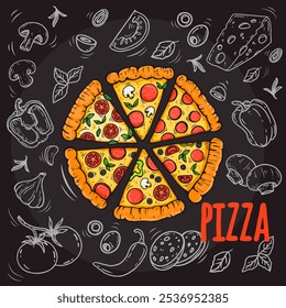 hand drawn set of pizza. Set of pizza ingredients in doodle style isolated. Design on black background for menus, pizzerias, restaurants, banners, markets. - Powered by Shutterstock