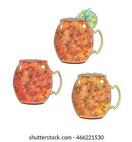 Hand Drawn Set Of Watercolor Cocktails Moscow Mule Vodka Buck On White Background 