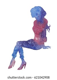 Hand drawn silhouette young space woman sitting  Watercolor abstract gradient portrait yoga girl  Painting fashion illustration white background