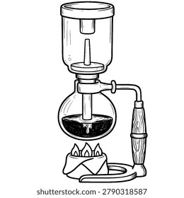 Hand drawn siphon coffee maker illustration vintage brewing equipment for cafe black and white sketch style isolated on white background
