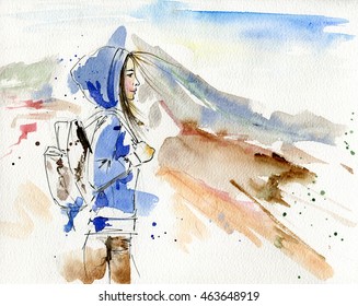 Hand drawn sketch art watercolor illustration of a young female tourist in mountains.