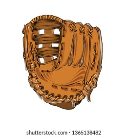 Hand drawn sketch of baseball glove in color isolated on white background. Detailed vintage style drawing, for posters, decoration and print - illustration