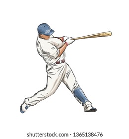 Hand Drawn Sketch Of Baseball Player In Color Isolated On White Background. Detailed Vintage Style Drawing - Illustration