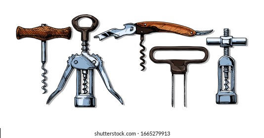 Hand drawn sketch of corkscrew set in ink hand drawn style. types of corkscrews: basic,  wing, sommelier knife, butler's friend, continuous turning. isolated on white. - Powered by Shutterstock