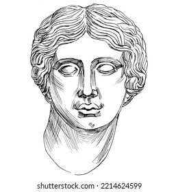 Hand Drawn Sketch Illustration Of Ancient Greek Goddess, Classic Greek Sculpture Isolated On White	
