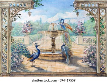Hand drawn sketch and landscape   peacock  Watercolor painting  Colored drawing and fountain   birds  Park view 