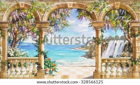 Hand drawn sketch with landscape. Watercolor hand drawn sketch with seascape. Watercolor drawing with seascape. View from the terrace on the sea with flowering trees. View from arch on the sea.