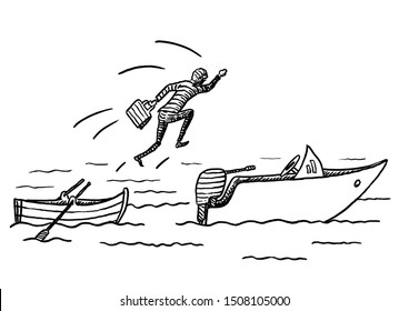 Hand Drawn Sketch Of Manager Jumping From A Rowing Boat Onto A Motor Boat. Metaphor For Career Move, Change, Seizing Business Opportunity, Entrepreneurship, Courage, Future Success, Moving Up.