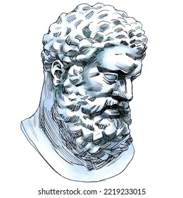 Hand drawn sketch markers illustration ancient greek sculpture  Bust the ancient Greek hero Hercules
