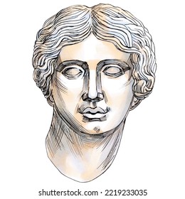 Hand Drawn Sketch Markers Illustration Of Ancient Greek Goddess, Classic Greek Sculpture.