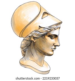 Hand Drawn Sketch Markers Illustration Of Ancient Greek Goddess Athena , Classic Greek Sculpture