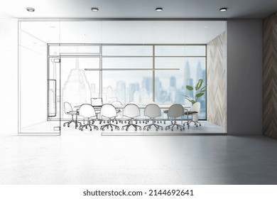 Hand drawn sketch of modern concrete and wooden, glass conference room interior with window and blurry city view, furniture and equipment. Design and refurbishment concept. 3D Rendering