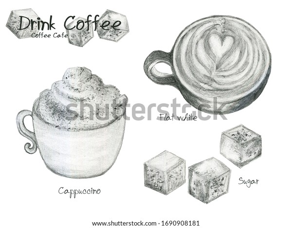 コーヒーカプチーノの手描きのスケッチ鉛筆線 フラットホワイト ラテアートのイラスト デザイン 飲み物の背景 レストラン カフェ バー コーヒーショップ コーヒーショップ のイラスト素材