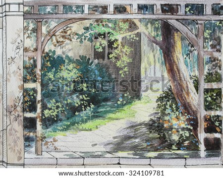 Hand drawn sketch with pergola. View from the window to the sunny landscape. Contrasting landscape with bright light and shadows.
