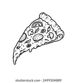 Hand drawn sketch pizza slice. Pizza with salami,mushrooms, basil leaf and melted cheese for pizzeria package and menu designs.  - Powered by Shutterstock