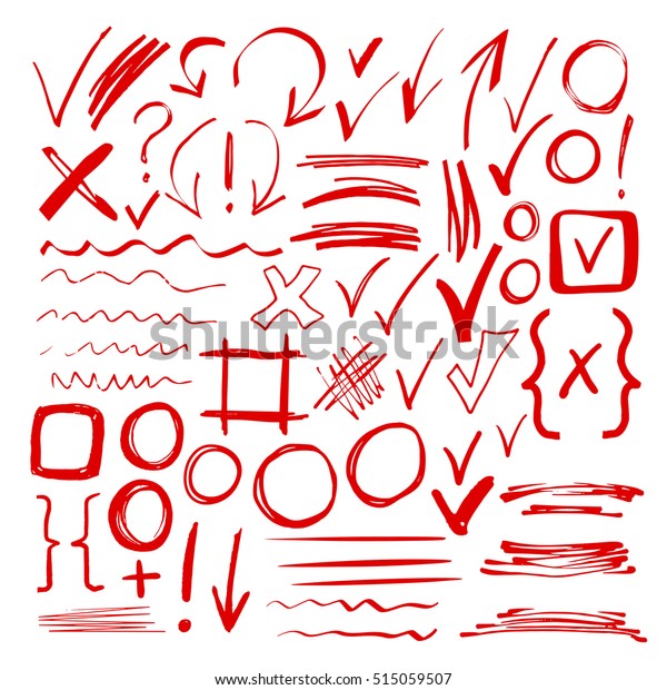 手描きのスケッチ赤いマーカー ブラシと標識 矢印 線 手書きのデザインエレメントセット のイラスト素材