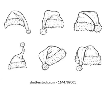 Hand Drawn Sketch Of Santa Hat. Doodle Ink Santa Hat Or Sleeping Cap