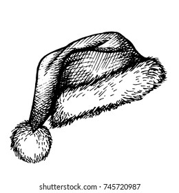 Hand Drawn Sketch Of  Santa Hat. Doodle Ink Santa Hat Or Sleeping Cap