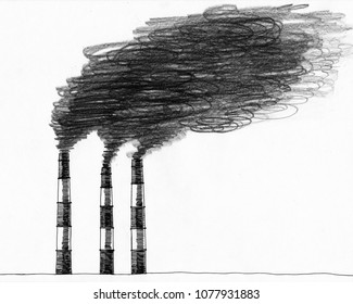 Hand drawn sketch of smokestack. Dark grey on white background. Illustration of air pollution caused by fume from factory and plant pipe, tube, trunk