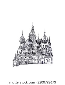 Hand drawn sketch St  Basil’s chathedral the Red square  Russian orthodox church in bright style  Eclectic Moscow architecture landmark  Tourist attraction  travel background 