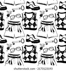 Hand Drawn Sketch Style Ink Seamless Pattern With Vintage Clothes, Accessories And Books. Dark Academia Or Preppy Aesthetic.  Antiques Concept.