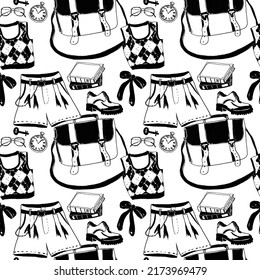 Hand Drawn Sketch Style Ink Seamless Pattern With Vintage Clothes, Accessories And Books. Dark Academia Or Preppy Aesthetic.  Antiques Concept.