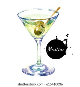 Hand Drawn Sketch Watercolor Cocktail Martini. Painted Isolated Food Illustration