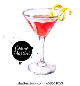 Hand drawn sketch watercolor cocktail Cosmo Martini. Painting isolated food illustration
