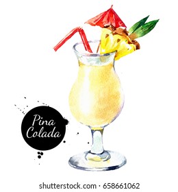 Hand drawn sketch watercolor cocktail Pina Colada. Painting isolated food illustration