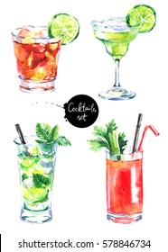 Hand Drawn Sketch Watercolor Cocktails Set. Painted Isolated Drink And Food Menu Illustrations