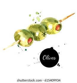 Hand drawn sketch watercolor skewer of olives. Painted isolated food illustration