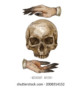 Hand Drawn Skull And Magic Hands Witchcraft Illustration. Witch Hands Mystery Ilustration Isolated On White Background