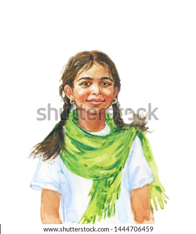 Hand drawn smiling indian girl in traditional clothing. Watercolor realistic teenager portrait. Painting isolated illustration on white background